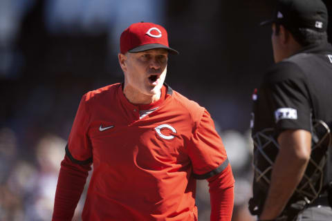 Jun 26, 2022; San Francisco, California, USA; Cincinnati Reds manager David Bell argues with home plate umpire Nestor Ceja during the ninth inning at Oracle Park. Bell was ejected from the game. Mandatory Credit: D. Ross Cameron-USA TODAY Sports