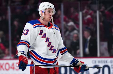 MONTREAL, QC – DECEMBER 01: Look on New York Rangers center Kevin Hayes (13) at warm-up before the New York Rangers versus the Montreal Canadiens game on December 1, 2018, at Bell Centre in Montreal, QC (Photo by David Kirouac/Icon Sportswire via Getty Images)