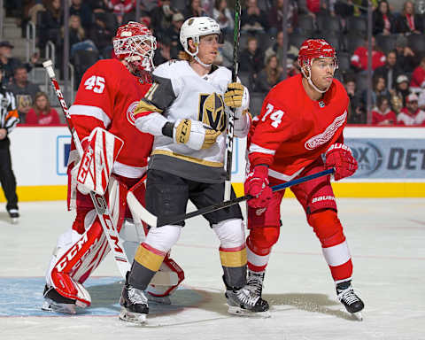 DETROIT, MI – NOVEMBER 10: Jonathan Bernier #45 of the Detroit Red Wings follows the play as teammate Madison Bowey #74 battles for position with Cody Eakin #21 of the Vegas Golden Knights during an NHL game at Little Caesars Arena on November 10, 2019 in Detroit, Michigan. Detroit defeated Las Vegas 3-2. (Photo by Dave Reginek/NHLI via Getty Images)