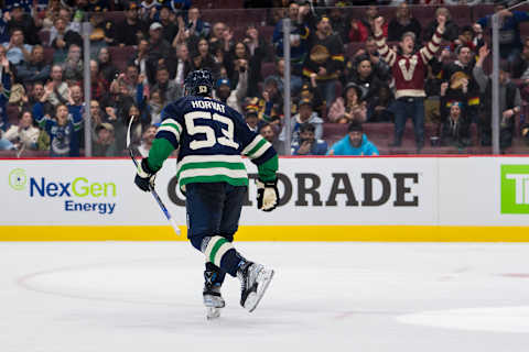 Nov 1, 2022; Vancouver, British Columbia, CAN; Vancouver Canucks forward Bo Horvat (53) celebrates his goal against the New Jersey Devils in the third period at Rogers Arena. The Devils won 5-2. Mandatory Credit: Bob Frid-USA TODAY Sports