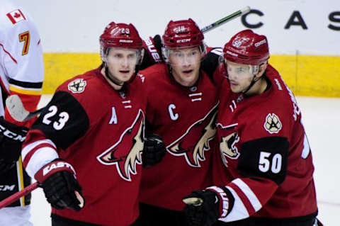 Feb 12, 2016; Glendale, AZ, USA; Arizona Coyotes right wing Shane Doan (19) celebrates with defenseman Oliver Ekman-Larsson (23) and center Antoine Vermette (50) after scoring a goal in the third period against the Calgary Flames at Gila River Arena. Mandatory Credit: Matt Kartozian-USA TODAY Sports