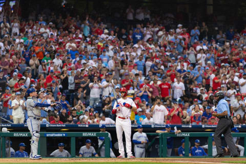 Aug 4, 2023; Philadelphia, Pennsylvania, USA; Philadelphia Phillies shortstop Trea Turner (7) receives a standing ovation from fans as he comes to the plate to bat during the second inning against the Kansas City Royals at Citizens Bank Park. Mandatory Credit: Bill Streicher-USA TODAY Sports