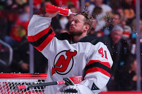 Vitek Vanecek of the Devils cools off against the Chicago Blackhawks. (Photo by Michael Reaves/Getty Images)