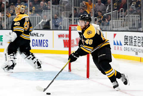 BOSTON, MA – OCTOBER 22: Boston Bruins left defenseman Matt Grzelcyk (48) starts up ice during a game between the Boston Bruins and the Toronto Maple Leafs on October 22, 2019, at TD Garden in Boston, Massachusetts. (Photo by Fred Kfoury III/Icon Sportswire via Getty Images)