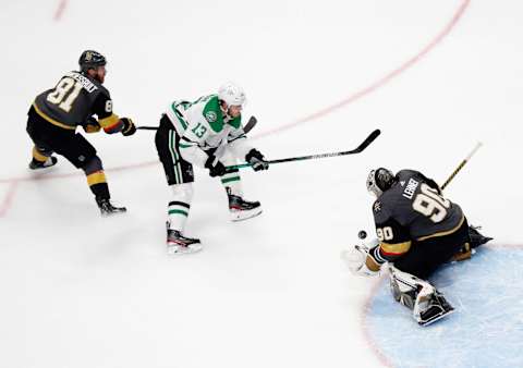 Robin Lehner #90 of the Vegas Golden Knights makes the save on Mattias Janmark #13 of the Dallas Stars in Game Two of the Western Conference Final. (Photo by Bruce Bennett/Getty Images)