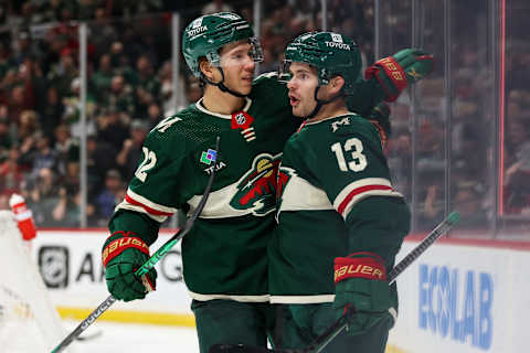 Minnesota Wild second-year forward Matt Boldy, right, is tied for first on the team in a plus/minus rating so far this season with a +2. (Matt Krohn-USA TODAY Sports)