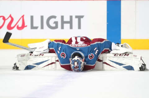 DENVER, CO – APRIL 17: Golatender Philipp Grubauer #31 of the Colorado Avalanche warms up prior to the game against the Calgary Flames in Game Four of the Western Conference First Round during the 2019 NHL Stanley Cup Playoffs at the Pepsi Center on April 17, 2019 in Denver, Colorado. (Photo by Michael Martin/NHLI via Getty Images)