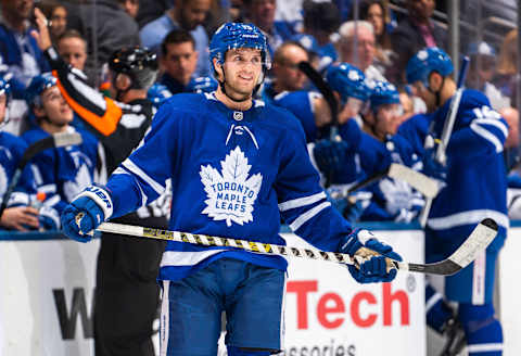 TORONTO, ON – OCTOBER 19: Alexander Kerfoot #15 of the Toronto Maple Leafs . (Photo by Mark Blinch/NHLI via Getty Images)