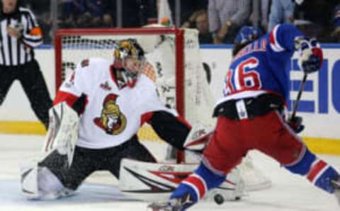 Ottawa Senators goalie Craig Anderson (41) makes a save against New York Rangers right wing Mats Zuccarello (36) (Brad Penner-USA TODAY Sports)