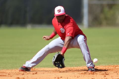 Feb 20, 2016; Viera, FL, USA; Washington Nationals shortstop Wilmer Difo (1) works out at Space Coast Stadium. Mandatory Credit: Logan Bowles-USA TODAY Sports