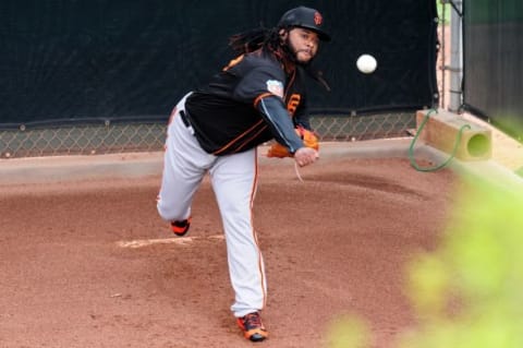 Feb 19, 2016; Scottsdale, AZ, USA; San Francisco Giants starting pitcher Johnny Cueto (47) throws during a workout at Scottsdale Stadium. Mandatory Credit: Matt Kartozian-USA TODAY Sports