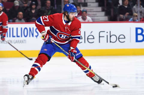 MONTREAL, QC – APRIL 03: Montreal Canadiens Winger Alex Galchenyuk (27) gains control of the puck during the Winnipeg Jets versus the Montreal Canadiens game on April 3, 2018, at Bell Centre in Montreal, QC (Photo by David Kirouac/Icon Sportswire via Getty Images)