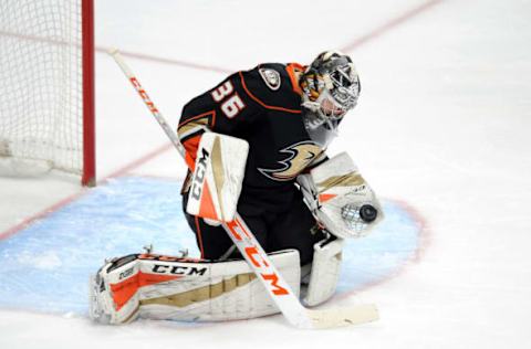 ANAHEIM, CA – JANUARY 19: Anaheim Ducks goalie John Gibson (36) catches the puck in the first period of a game against the Los Angeles Kings played on January 19, 2018, at the Honda Center in Anaheim, CA. (Photo by John Cordes/Icon Sportswire via Getty Images)