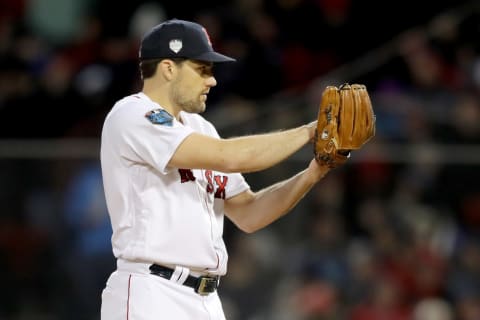 BOSTON, MA – OCTOBER 24: Nathan Eovaldi #17 of the Boston Red Sox delivers the pitch during the eighth inning against the Los Angeles Dodgers in Game Two of the 2018 World Series at Fenway Park on October 24, 2018 in Boston, Massachusetts. (Photo by Elsa/Getty Images)