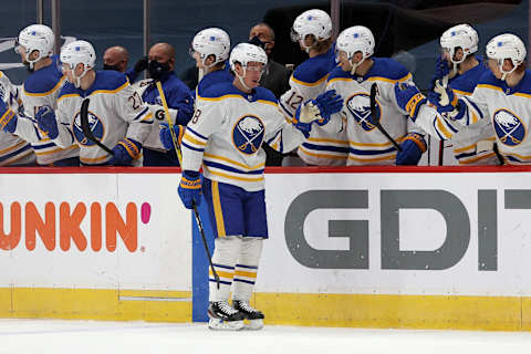 WASHINGTON, DC – JANUARY 24: Victor Olofsson #68 of the Buffalo Sabres celebrates a second period goal against the Washington Capitals at Capital One Arena on January 24, 2021 in Washington, DC. (Photo by Rob Carr/Getty Images)