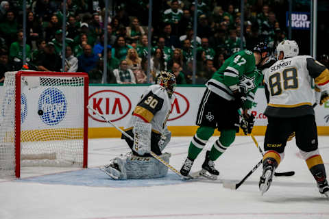 DALLAS, TX – NOVEMBER 25: Dallas Stars right wing Alexander Radulov (47) deflects the puck past Vegas Golden Knights goaltender Malcolm Subban (30) for a goal during the game between the Dallas Stars and the Vegas Golden Knights on November 25, 2019 at American Airlines Center in Dallas, Texas. (Photo by Matthew Pearce/Icon Sportswire via Getty Images)