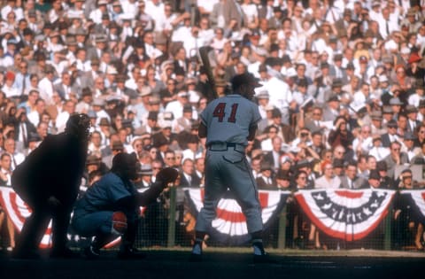 MILWAUKEE, WI – OCTOBER 7: Eddie Mathews #41 of the Milwaukee Braves bats as catcher Yogi Berra #8 of the New York Yankees sets up behind the plate during Game 5 of the 1957 World Series on October 7, 1957 at Milwaukee County Stadium in Milwaukee, Wisconsin. (Photo by Hy Peskin/Getty Images) (Set Number: X4781)