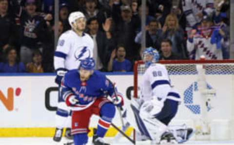 NEW YORK, NEW YORK – OCTOBER 11: Barclay Goodrow #21 of the New York Rangers celebrates his third-period goal against Andrei Vasilevskiy #88 of the Tampa Bay Lightning at Madison Square Garden during the season-opening game on October 11, 2022, in New York City. The Rangers defeated the Lightning 3-1. (Photo by Bruce Bennett/Getty Images)