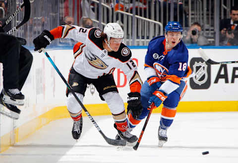 ELMONT, NEW YORK – MARCH 13: Sonny Milano #12 of the Anaheim Ducks skates against the New York Islanders at the UBS Arena on March 13, 2022 in Elmont, New York. (Photo by Bruce Bennett/Getty Images)