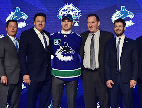 Jun 21, 2019; Vancouver, BC, Canada; Vasily Podkolzin poses for a photo after being selected as the number ten overall pick to the Vancouver Canucks in the first round of the 2019 NHL Draft at Rogers Arena. Mandatory Credit: Anne-Marie Sorvin-USA TODAY Sports