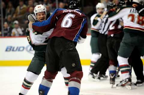 Colorado Avalanche defenseman Erik Johnson (6) fights Minnesota Wild center Warren Peters (43) during the first period on Tuesday, March 6, 2012. 2012. AAron Ontiveroz, The Denver Post (Photo By AAron Ontiveroz/The Denver Post via Getty Images)