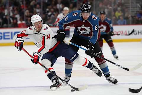 DENVER, COLORADO – FEBRUARY 13: Richard Panik #14 of the Washington Capitals fights for the puck against Vladislav Kamenev #81 of the Colorado Avalanche in the first period at the Pepsi Center on February 13, 2020 in Denver, Colorado. (Photo by Matthew Stockman/Getty Images)