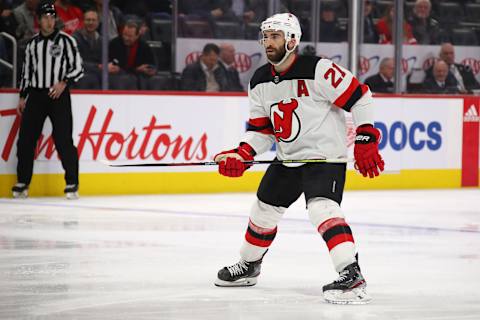 DETROIT, MICHIGAN – FEBRUARY 25: Kyle Palmieri #21 of the New Jersey Devils  . (Photo by Gregory Shamus/Getty Images)