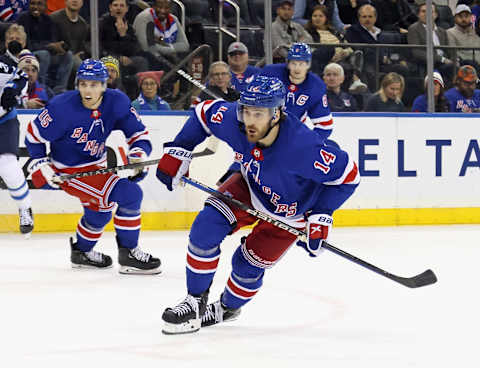 NEW YORK, NEW YORK – FEBRUARY 20: Tyler Motte #14 of the New York Rangers skates in his first game for the team against the Winnipeg Jets at Madison Square Garden on February 20, 2023 in New York City. (Photo by Bruce Bennett/Getty Images)