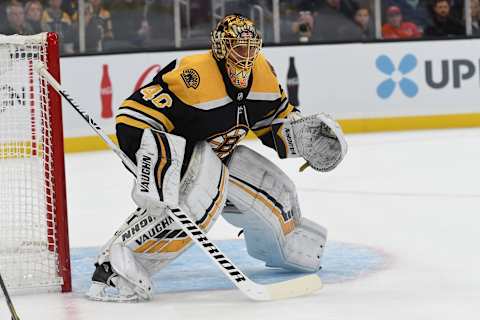 BOSTON, MA – OCTOBER 26: Tuukka Rask #40 of the Boston Bruins in the net against the St. Louis Blues at the TD Garden on October 26, 2019 in Boston, Massachusetts. (Photo by Steve Babineau/NHLI via Getty Images)