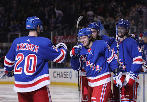 NEW YORK, NEW YORK – OCTOBER 03: Artemi Panarin #10 of the New York Rangers celebrates his first goal with the team during the second period against the Winnipeg Jets at Madison Square Garden on October 03, 2019 in New York City. (Photo by Bruce Bennett/Getty Images)