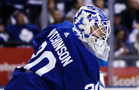 TORONTO, ON – APRIL 15: Michael Hutchinson #30 of the Toronto Maple Leafs during warm up before Game Three of the Eastern Conference First Round during the 2019 NHL Stanley Cup Playoffs at the Scotiabank Arena on April 15, 2019 in Toronto, Ontario, Canada. (Photo by Kevin Sousa/NHLI via Getty Images)