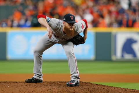 HOUSTON, TX – OCTOBER 18: Craig Kimbrel #46 of the Boston Red Sox pitches in the ninth inning against the Houston Astros during Game Five of the American League Championship Series at Minute Maid Park on October 18, 2018 in Houston, Texas. (Photo by Bob Levey/Getty Images)