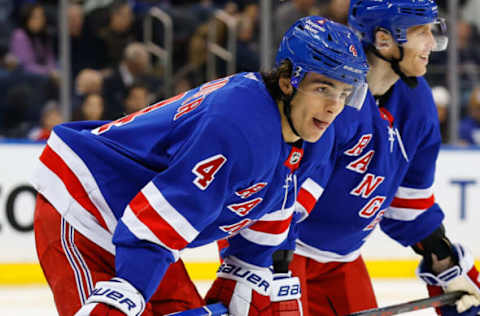 NEW YORK, NY – MARCH 18: Braden Schneider #4 of the New York Rangers during the game against the Pittsburgh Penguins on March 18, 2023, at Madison Square Garden in New York, New York. (Photo by Rich Graessle/Getty Images)