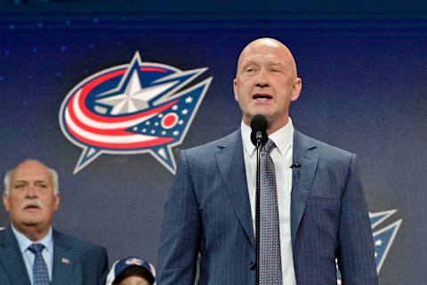 Jul 7, 2022; Montreal, Quebec, CANADA; Columbus Blue Jackets general manager Jarmo Kekalainen announces David Jiricek (not pictured) as the number six overall pick to the Columbus Blue Jackets in the first round of the 2022 NHL Draft at Bell Centre. Mandatory Credit: Eric Bolte-USA TODAY Sports