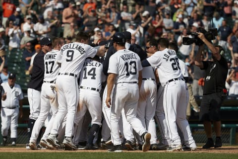 Jun 4, 2017; Detroit, MI, USA; Detroit Tigers left fielder Justin Upton (8) is congratulated by teammates after he hits a game winning three run home run in the ninth inning against the Chicago White Sox at Comerica Park. Mandatory Credit: Rick Osentoski-USA TODAY Sports