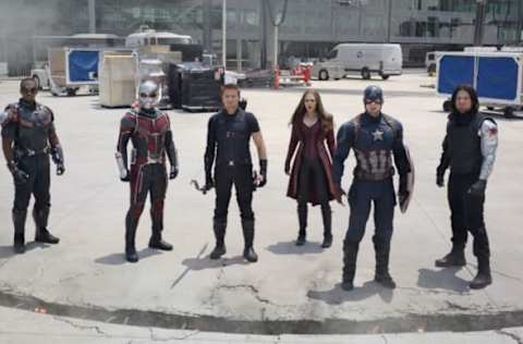 Marvel’s Captain America: Civil War..L to R: Falcon/Sam Wilson (Anthony Mackie), Ant-Man/Scott Lang (Paul Rudd), Hawkeye/Clint Barton (Jeremy Renner), Scarlet Witch/Wanda Maximoff (Elizabeth Olsen), Captain America/Steve Rogers (Chris Evans), and Winter Soldier/Bucky Barnes (Sebastian Stan)..Photo Credit: Film Frame..© Marvel 2016