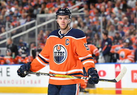 EDMONTON, AB – APRIL 7: Connor McDavid #97 of the Edmonton Oilers skates during the game against the Vancouver Canucks on April 7, 2018 at Rogers Place in Edmonton, Alberta, Canada. (Photo by Andy Devlin/NHLI via Getty Images)