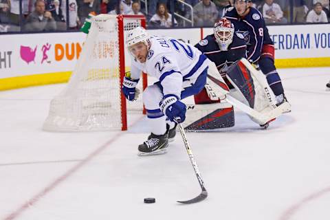 COLUMBUS, OH – APRIL 16: Ryan Callahan #24 of the Tampa Bay Lightning skates after a loose puck in Game Four of the Eastern Conference First Round during the 2019 NHL Stanley Cup Playoffs against the Columbus Blue Jackets on April 16, 2019 at Nationwide Arena in Columbus, Ohio. Columbus defeated Tampa Bay 7-3 to win the series 4-0. (Photo by Kirk Irwin/Getty Images)