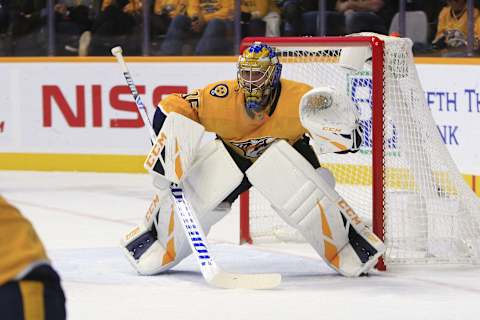 NASHVILLE, TN – NOVEMBER 25: Nashville Predators goalie Pekka Rinne (35) is shown during the NHL game between the Nashville Predators and Anaheim Ducks, held on November 25, 2018, at Bridgestone Arena in Nashville, Tennessee. (Photo by Danny Murphy/Icon Sportswire via Getty Images)