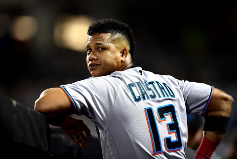 Starlin Castro in the uniform of the Miami Marlins in 2019.. (Photo by Emilee Chinn/Getty Images)