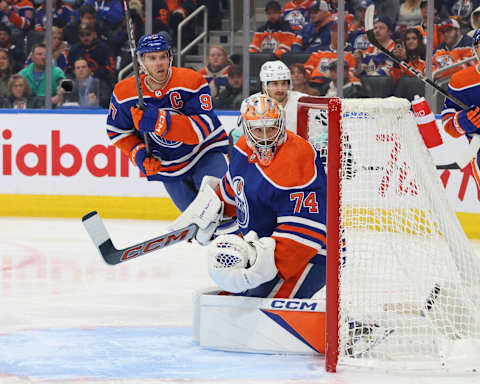 EDMONTON, CANADA – NOVEMBER 15: Stuart Skinner #74 and Connor McDavid #97 of the Edmonton Oilers look on during the first period against the Seattle Kraken at Rogers Place on November 15, 2023 in Edmonton, Alberta, Canada. (Photo by Lawrence Scott/Getty Images)