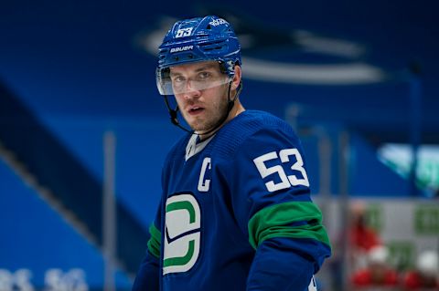 May 16, 2021; Vancouver, British Columbia, CAN; Vancouver Canucks forward Bo Horvat (53) against the Vancouver Canucks in the first period at Rogers Arena. Mandatory Credit: Bob Frid-USA TODAY Sports