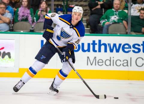 Oct 28, 2014; Dallas, TX, USA; St. Louis Blues defenseman Jay Bouwmeester (19) skates against the Dallas Stars during the game at the American Airlines Center. The Blues defeated the Stars 4-3 in overtime. Mandatory Credit: Jerome Miron-USA TODAY Sports