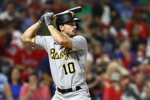 PHILADELPHIA, PA – AUGUST 26: Bryan Reynolds #10 of the Pittsburgh Pirates in action against the Philadelphia Phillies during a game at Citizens Bank Park on August 26, 2022 in Philadelphia, Pennsylvania. (Photo by Rich Schultz/Getty Images)