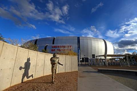 Jan 6, 2016; Glendale, AZ, USA; A statue of former Arizona Cardinals player Pat Tillman is visible outside of the University of Phoenix Stadium leading up to the College Football National Championship game between the Alabama Crimson Tide against the Clemson Tigers. Mandatory Credit: Mark J. Rebilas-USA TODAY Sports