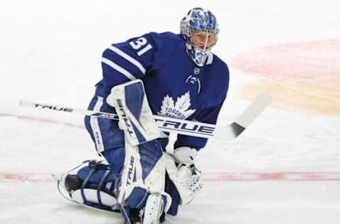 TORONTO, ON – MAY 27: Frederik Andersen #31 of the Toronto Maple Leafs stretches during warmup prior to action against the Montreal Canadiens in Game Five of the First Round of the 2021 Stanley Cup Playoffs at Scotiabank Arena on May 27, 2021, in Toronto, Ontario, Canada. The Canadiens defeated the Maple Leafs 4-3 in overtime. (Photo by Claus Andersen/Getty Images)