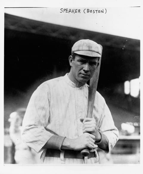 Boston Red Sox center fielder Tris Speaker, ready for his turn at bat. Speaker was one of the greats of baseball in the 1910s and 1920s, with a batting record to rival Ty Cobb’s and a revolutionary fielding style that changed the game. (Photo by Library of Congress/Corbis/VCG via Getty Images)