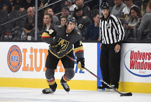 LAS VEGAS, NEVADA – SEPTEMBER 25: Nicolas Hague #14 of the Vegas Golden Knights skates during the third period against the Colorado Avalanche at T-Mobile Arena on September 25, 2019 in Las Vegas, Nevada. (Photo by David Becker/NHLI via Getty Images)