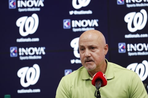 WASHINGTON, DC – JUNE 19: General mananger Mike Rizzzo of the Washington Nationals speaks during a press conference before a game against the Baltimore Orioles at Nationals Park on June 19, 2018 in Washington, DC. (Photo by Patrick McDermott/Getty Images)