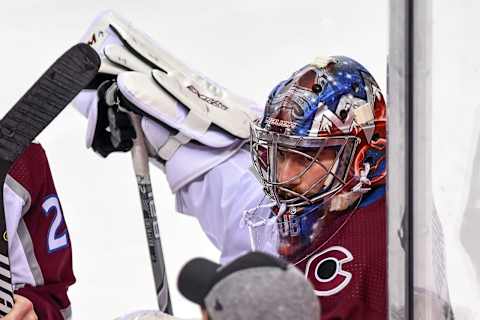 CALGARY, AB – APRIL 19: Colorado Avalanche Goalie Philipp Grubauer (31) looks on at the bench between whistles during the second period of Game Five of the Western Conference First Round during the 2019 Stanley Cup Playoffs where the Calgary Flames hosted the Colorado Avalanche on April 19, 2019, at the Scotiabank Saddledome in Calgary, AB. (Photo by Brett Holmes/Icon Sportswire via Getty Images)